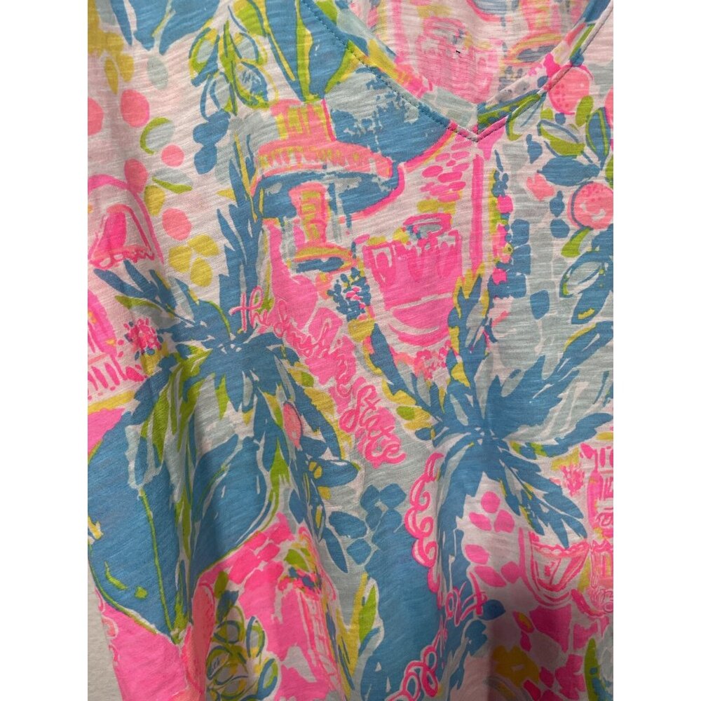 Lilly Pulitzer Etta V-Neck Top Short Sleeve Multi Sunshine State Of Mind Sz L - Picture 3 of 9